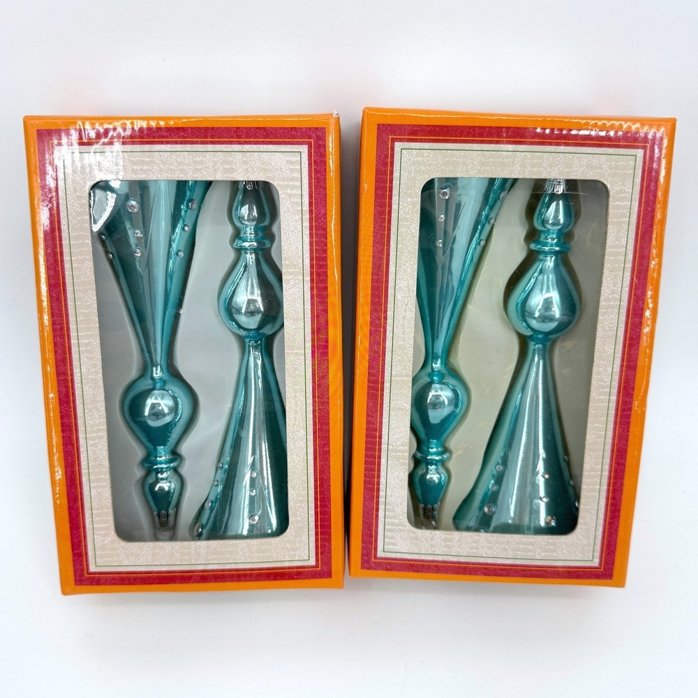Winward Holiday Ornament Turquoise Blue Glass Finial Rhinestone Set of 4 7.5in